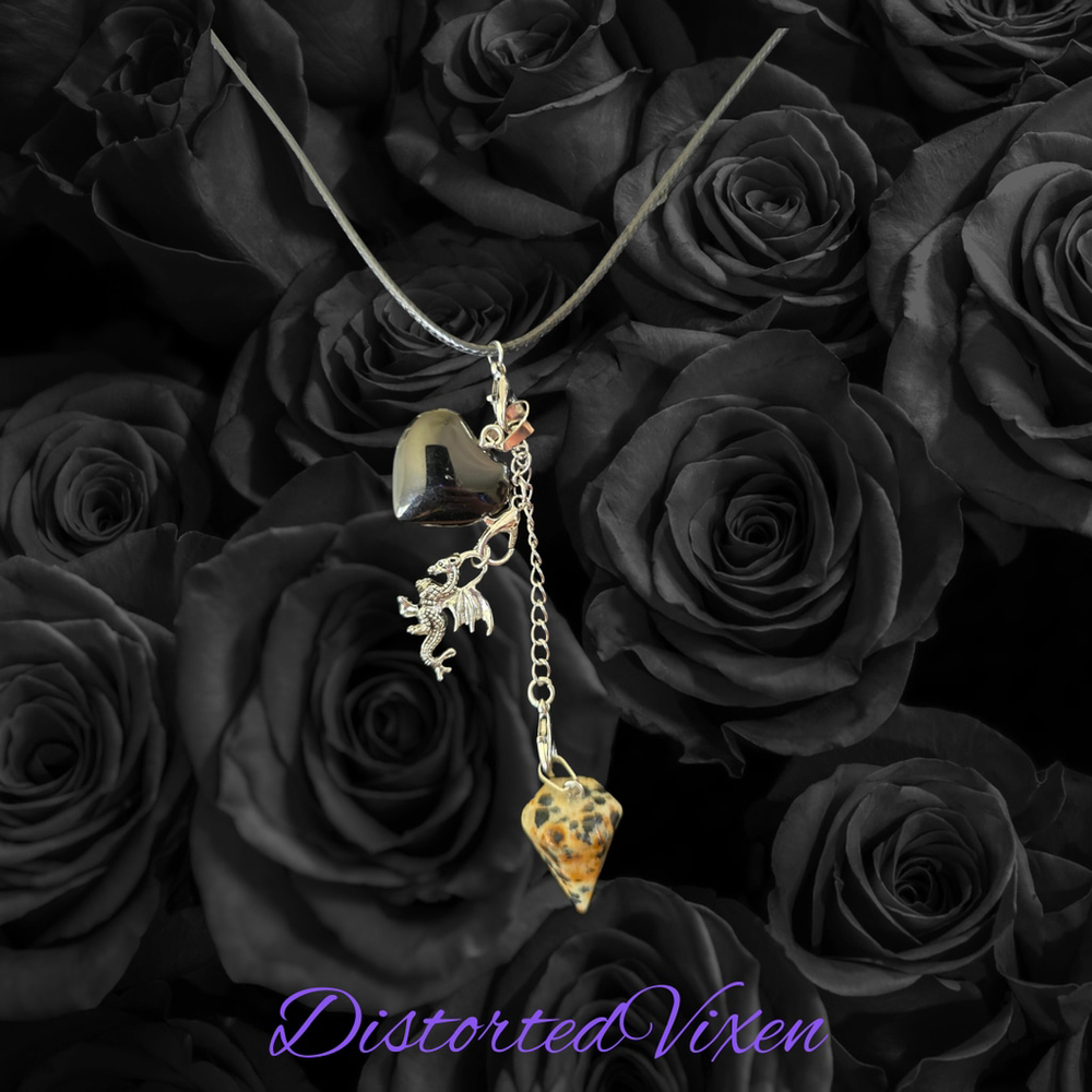 Obsidian Heart Necklace • Dalmatian Jasper Pendulum • Dragon Charm Jewelry